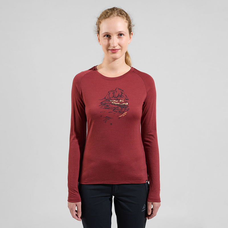 ODLO 瑞士 女 ASCENT MERINO 200羊毛圓領上衣/挪威 蘋果紅 長袖羊毛衣 595521-30867
