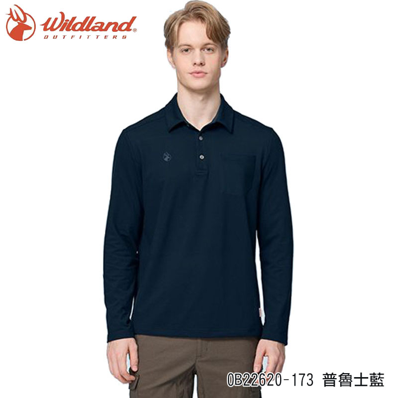 WILDLAND 荒野 男彈性保暖吸排POLO長袖上衣 彈性上衣 吸濕排汗 登山衣 0B22620