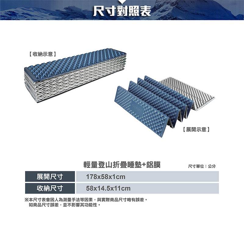 ATUNAS 歐都納 輕量登山折疊睡墊+鋁膜 銀河藍/銀 A1SBCC01N 蛋殼睡墊 露營睡墊 鋁膜保溫