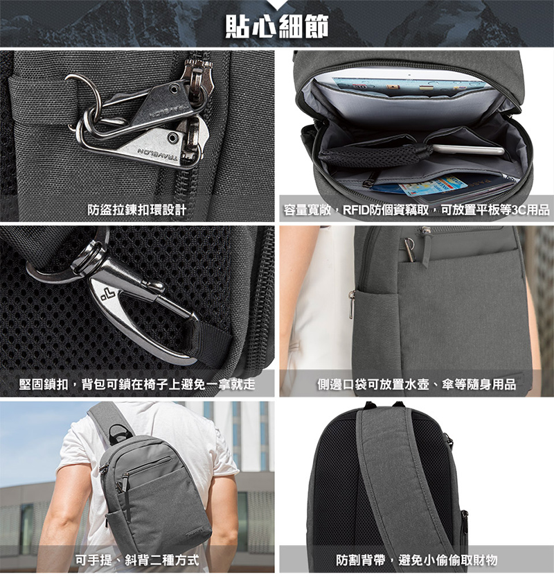 TRAVELON 美國 METRO城市斜背包 灰 深藍 TL-43413 旅行背包 側背包 隨身防盜包