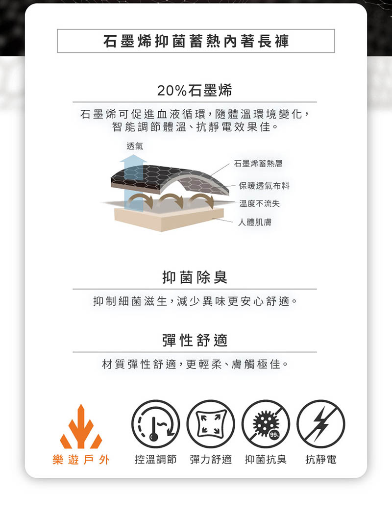 ATUNAS 歐都納 男款石墨烯蓄熱內著長褲 黑 A1UCGZ19M 保暖內著褲 日常保暖 底層褲 台灣製