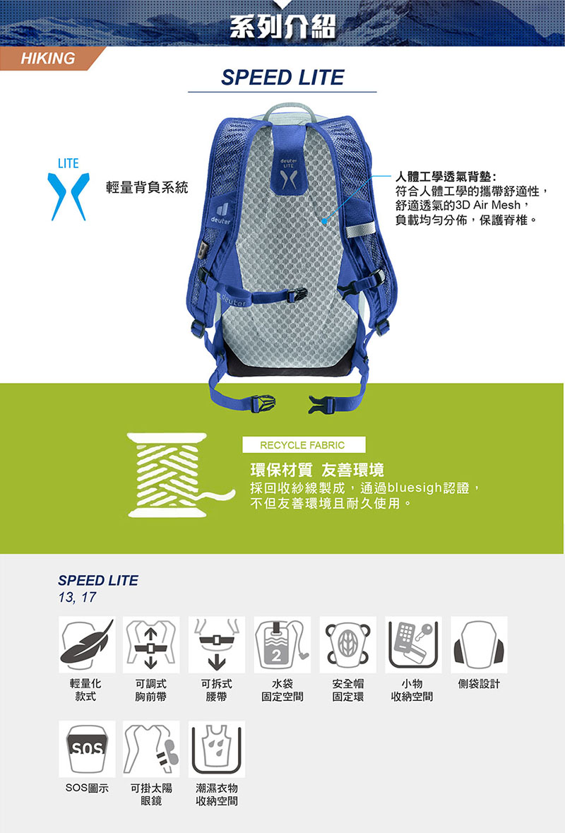 Deuter 德國 SPEED LITE 超輕量旅遊背包 17L 登山包 後背包 3410122